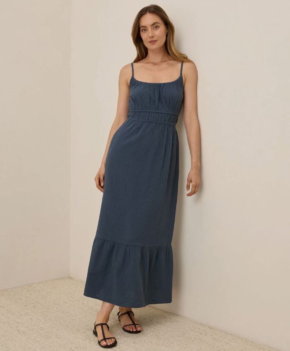 Pact XXL Coastal Double Gauze Cami Maxi Dress Blue Organic Cotton Pockets $118